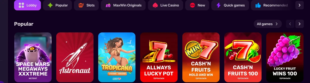 Lobby de MaxWin Casino con categorías de juegos y catálogo Popular
