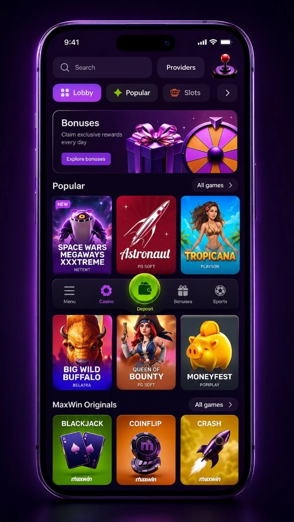 Interfaz móvil de MaxWin con navegación, promociones y juegos