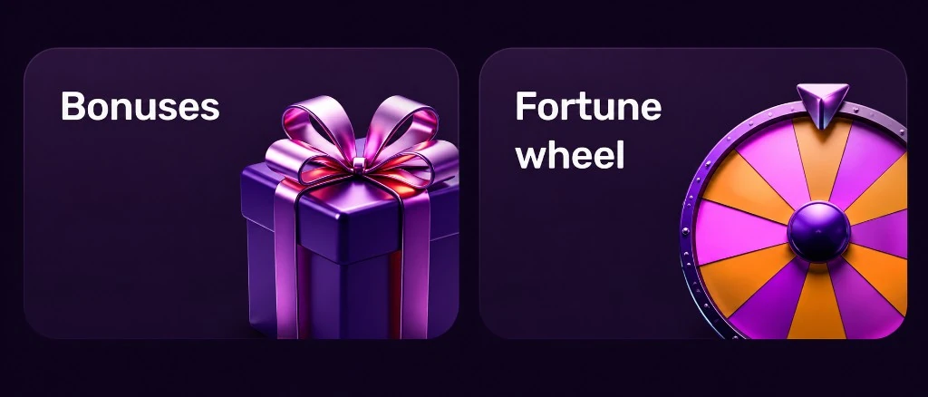 Sección de Bonuses y Fortune wheel en la interfaz de MaxWin